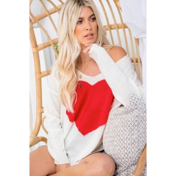 White Red Heart Knit V-Neck Valentines Day Long Sleeve Relaxed Sweater - Picture 1 of 10